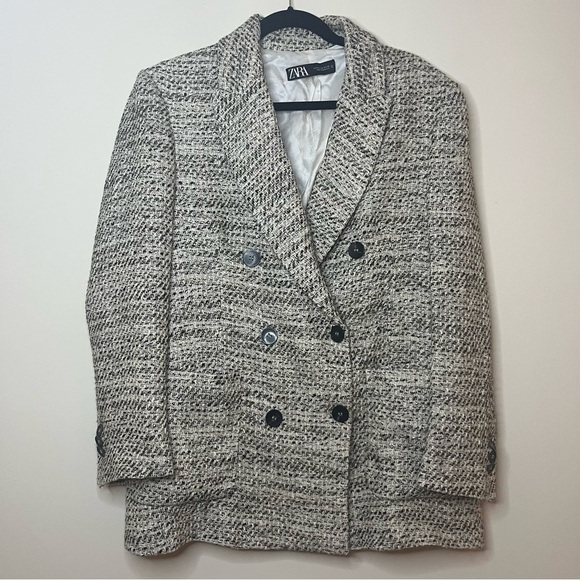 ZARA Double Breasted Preppy Plaid Tweed Classic Blazer - Picture 2 of 8